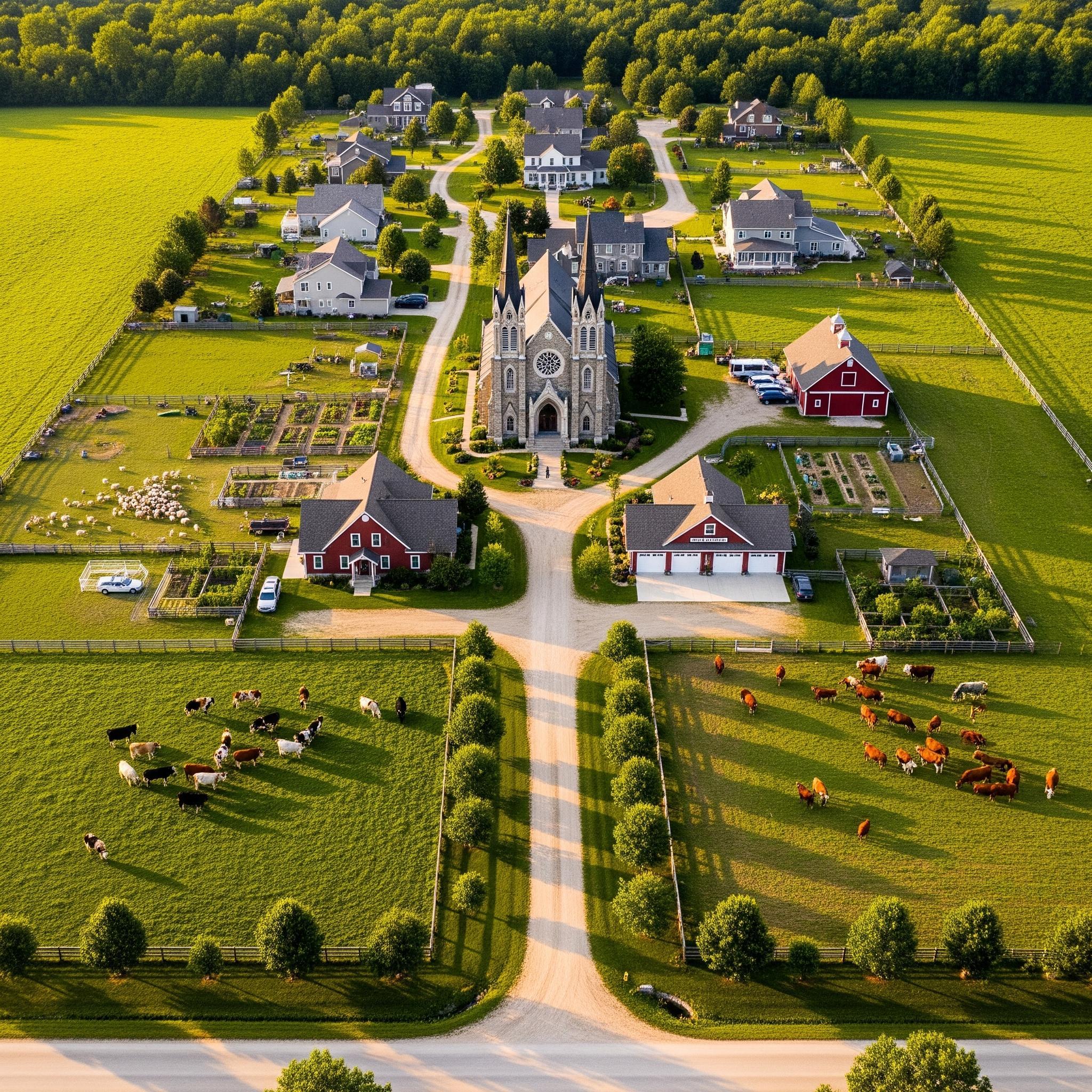 An aerial view of a conceptual village model surrounded by green fields and forests.